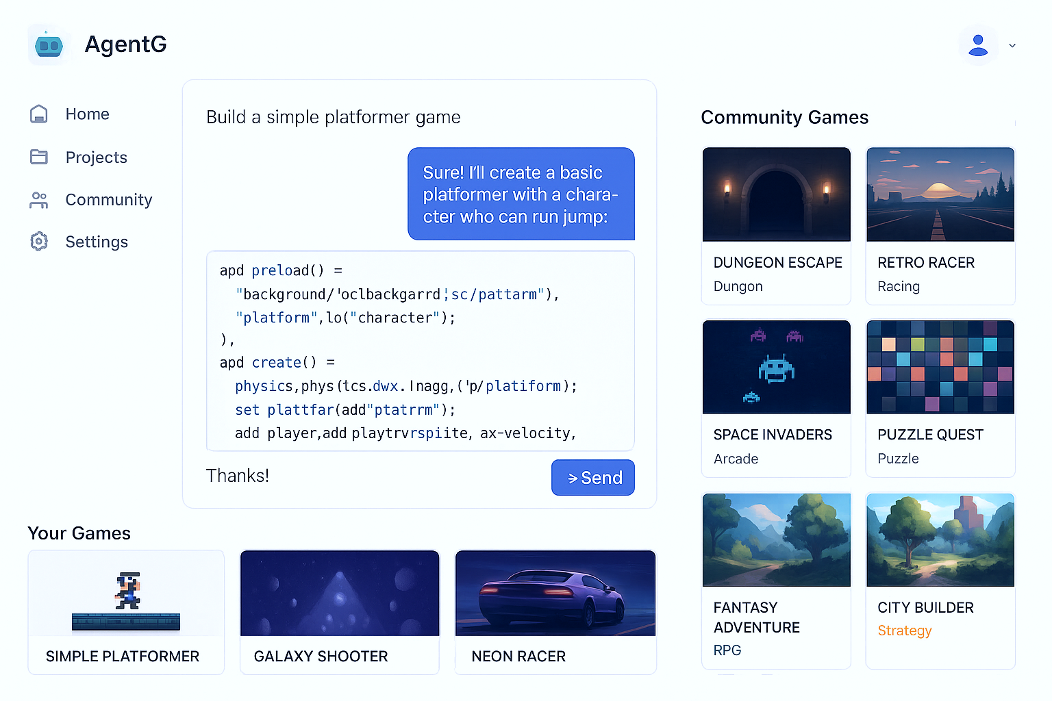 AgentG dashboard interface showing AI game development features
